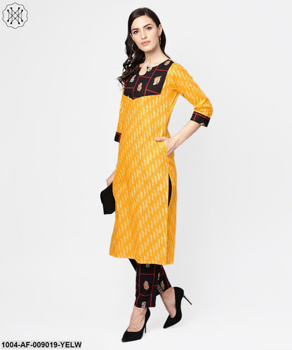 Yellow 3/4Th Sleeve Cotton Kurta With Navy Blue Ankle Length Palazzo