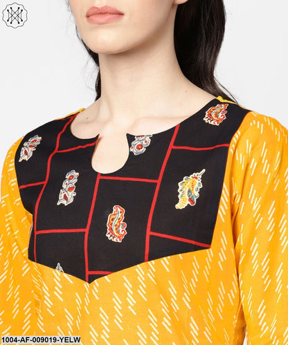 Yellow 3/4Th Sleeve Cotton Kurta With Navy Blue Ankle Length Palazzo
