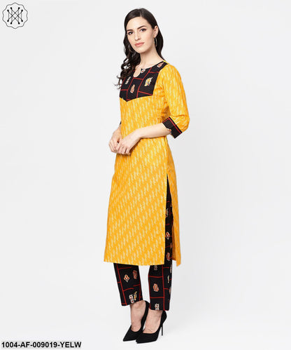 Yellow 3/4Th Sleeve Cotton Kurta With Navy Blue Ankle Length Palazzo