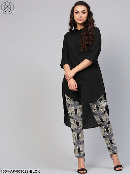 Solid Black High-Low Kurta Set With Printed Pants