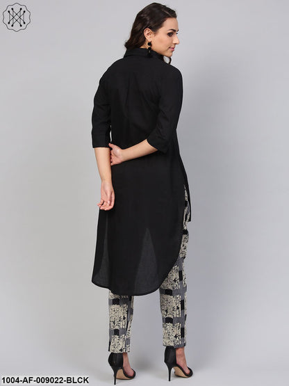 Solid Black High-Low Kurta Set With Printed Pants