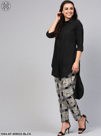 Solid Black High-Low Kurta Set With Printed Pants