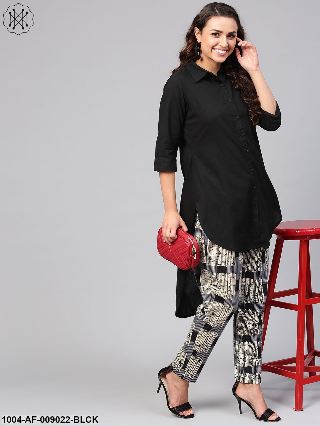 Solid Black High-Low Kurta Set With Printed Pants
