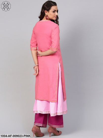 Solid Pink Half Sleeve Double Kurta With Ankle Length Palazzo