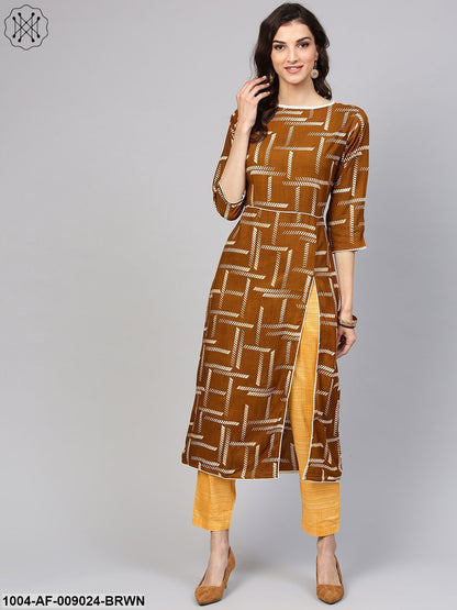 Dark Brown Printed Kurta Set With Contrasting Yellow Pants