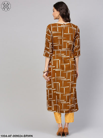 Dark Brown Printed Kurta Set With Contrasting Yellow Pants