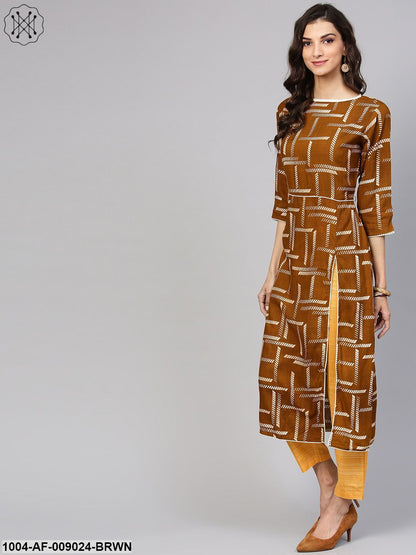 Dark Brown Printed Kurta Set With Contrasting Yellow Pants