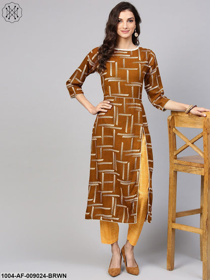 Dark Brown Printed Kurta Set With Contrasting Yellow Pants