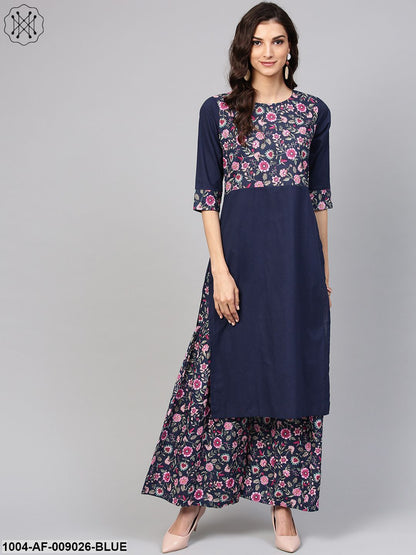 Navy Blue Floral Printed Kurta Set With Ankle Length Printed Sahara