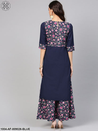 Navy Blue Floral Printed Kurta Set With Ankle Length Printed Sahara