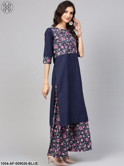 Navy Blue Floral Printed Kurta Set With Ankle Length Printed Sahara
