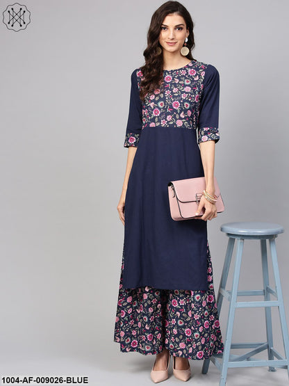 Navy Blue Floral Printed Kurta Set With Ankle Length Printed Sahara