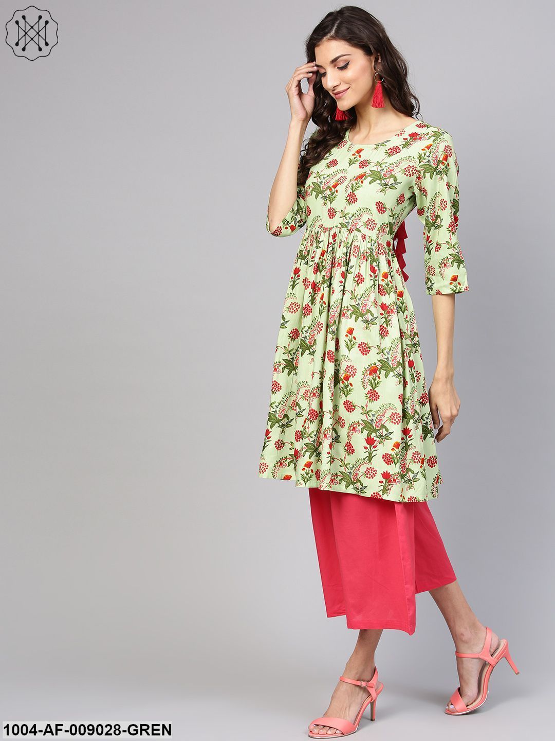 Pastel Green Floral Printed A-Line Cotton Kurta With Solid Coral Culottes