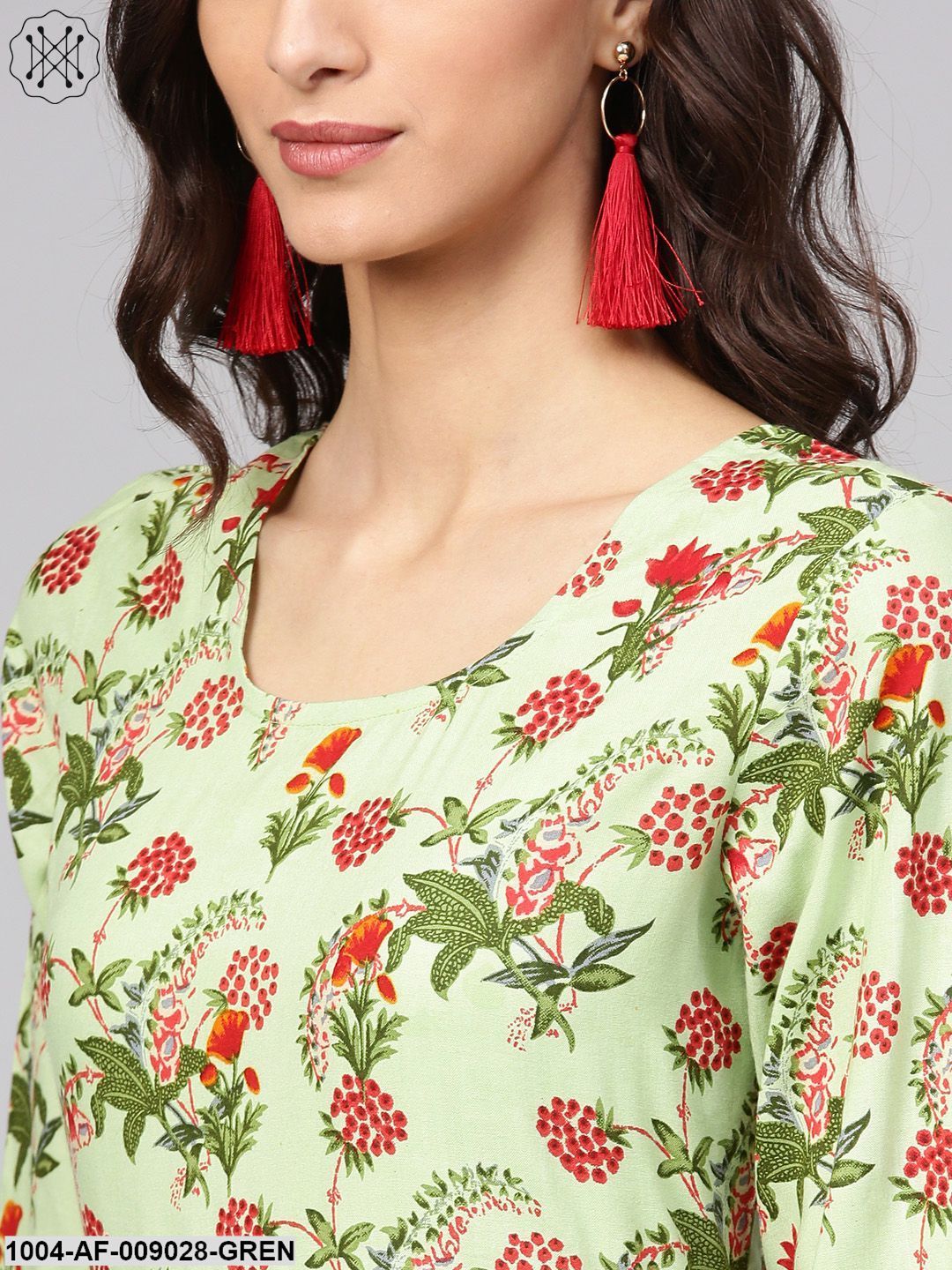 Pastel Green Floral Printed A-Line Cotton Kurta With Solid Coral Culottes