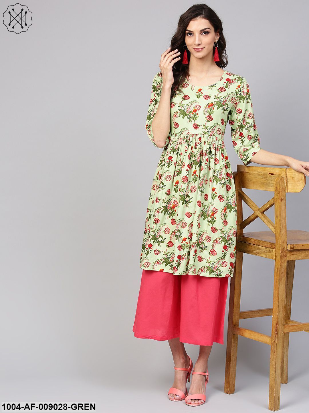 Pastel Green Floral Printed A-Line Cotton Kurta With Solid Coral Culottes