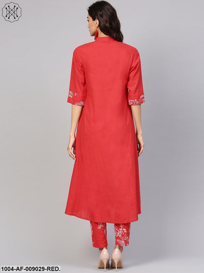 Solid Red Kurta With Detailed Printed Sleeves & Pants