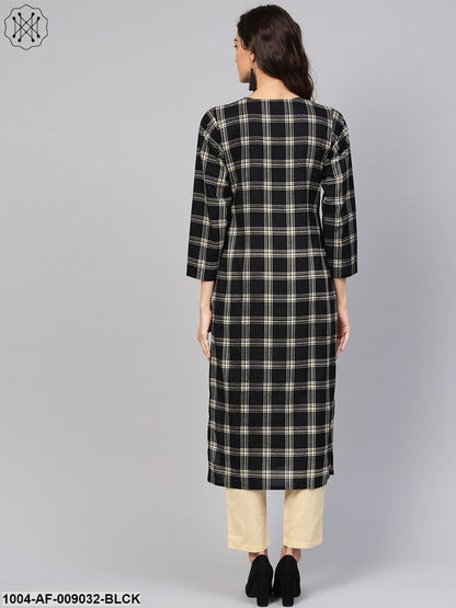 Black & Cream Checked Kurta Set With Solid Cream Pants
