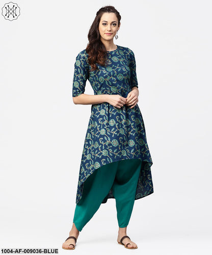 Blue Printed 3/4Th Sleeve Cotton Low High Kurta With Blue Printed Dhoti
