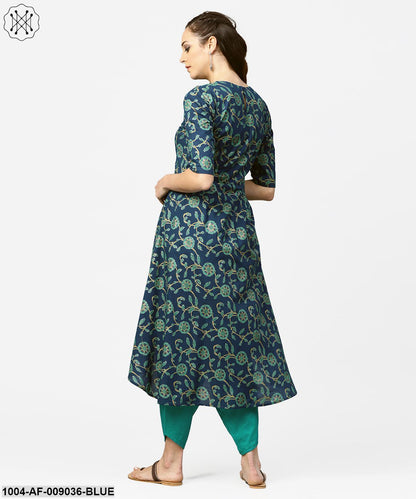 Blue Printed 3/4Th Sleeve Cotton Low High Kurta With Blue Printed Dhoti