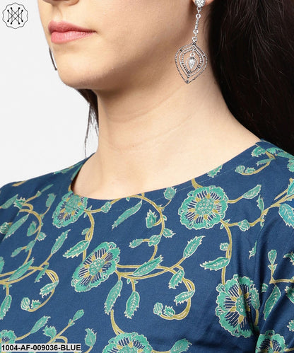 Blue Printed 3/4Th Sleeve Cotton Low High Kurta With Blue Printed Dhoti