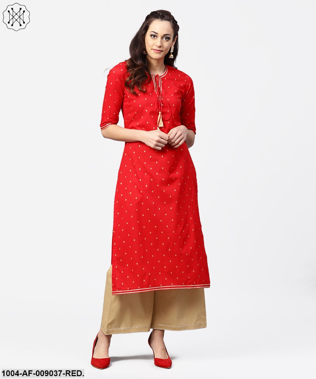 Red 3/4Th Sleeve Dot Printed Cotton Kurta With Beige Palazzo
