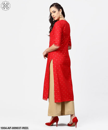 Red 3/4Th Sleeve Dot Printed Cotton Kurta With Beige Palazzo