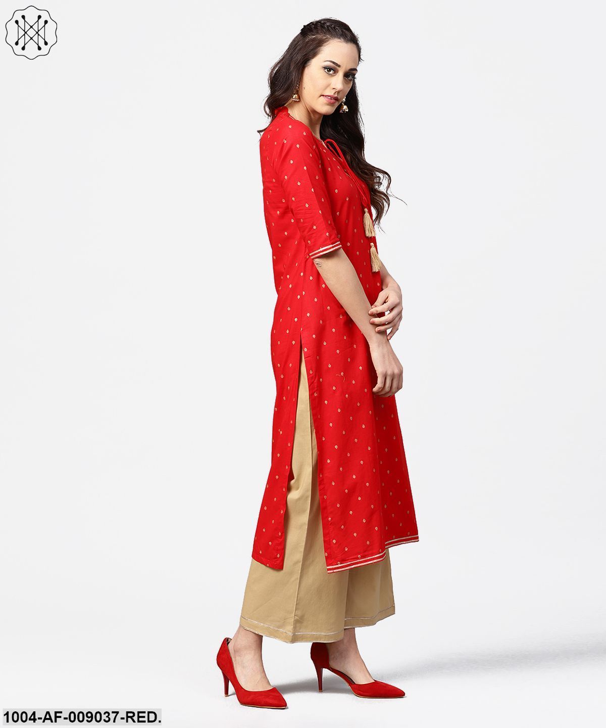 Red 3/4Th Sleeve Dot Printed Cotton Kurta With Beige Palazzo