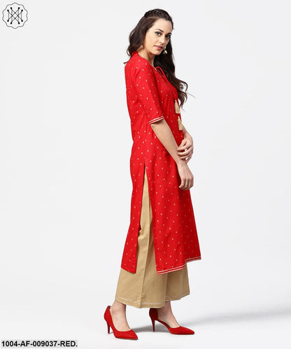 Red 3/4Th Sleeve Dot Printed Cotton Kurta With Beige Palazzo