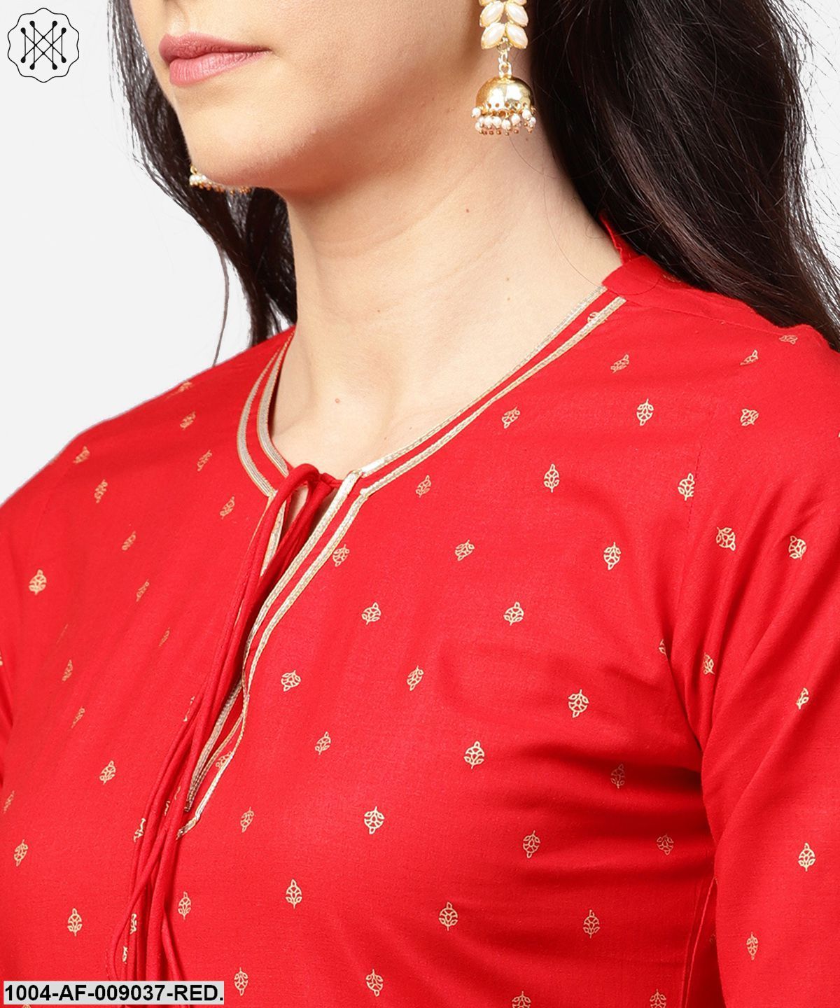 Red 3/4Th Sleeve Dot Printed Cotton Kurta With Beige Palazzo