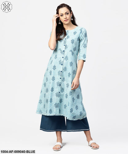 Light Blue Printed 3/4Th Sleeve Cotton A-Line Front Slit Kurta With Navy Blue Palazzo