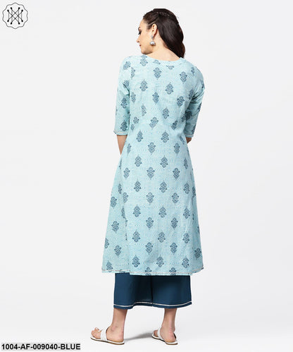 Light Blue Printed 3/4Th Sleeve Cotton A-Line Front Slit Kurta With Navy Blue Palazzo