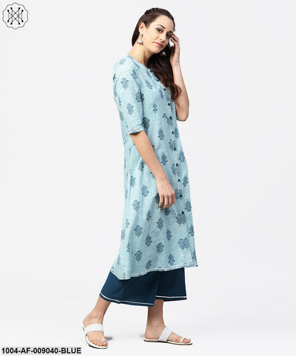 Light Blue Printed 3/4Th Sleeve Cotton A-Line Front Slit Kurta With Navy Blue Palazzo