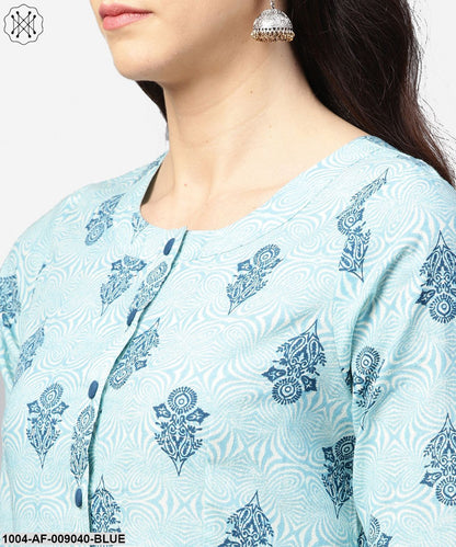 Light Blue Printed 3/4Th Sleeve Cotton A-Line Front Slit Kurta With Navy Blue Palazzo
