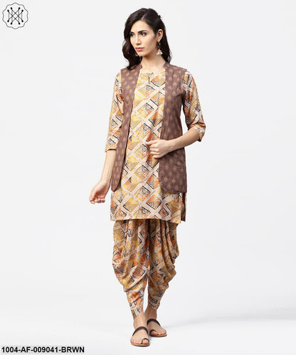 Brown Printed 3/4Th Sleeve Cotton Kurta With Ankle Length Dhoti & Grey Printed Open Jacket
