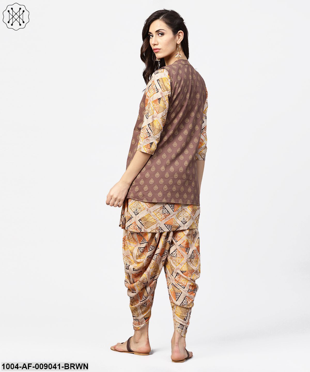 Brown Printed 3/4Th Sleeve Cotton Kurta With Ankle Length Dhoti & Grey Printed Open Jacket