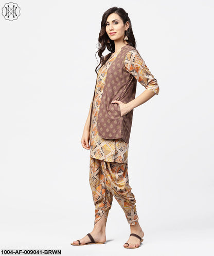 Brown Printed 3/4Th Sleeve Cotton Kurta With Ankle Length Dhoti & Grey Printed Open Jacket
