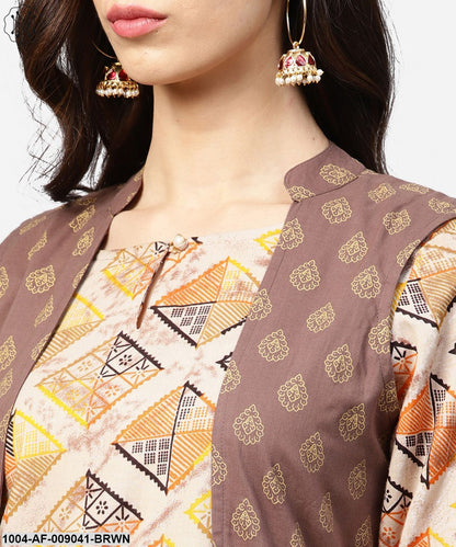 Brown Printed 3/4Th Sleeve Cotton Kurta With Ankle Length Dhoti & Grey Printed Open Jacket