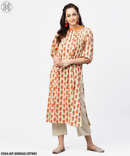 Off White & Red Printed 3/4Th Sleeve Cotton Pleated A-Line Kurta With Beige Palazzo