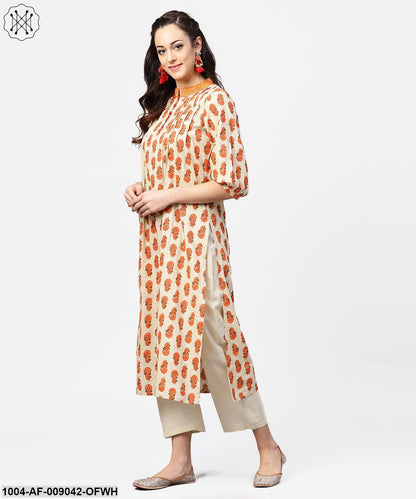 Off White & Red Printed 3/4Th Sleeve Cotton Pleated A-Line Kurta With Beige Palazzo