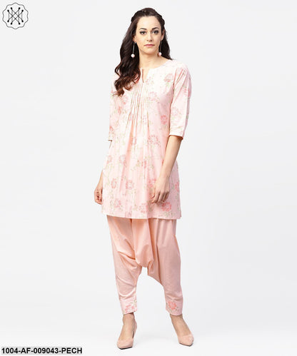 Peach Printed 3/4Th Sleeve Pleated Kurti With Ankle Length Block Printed Salwar