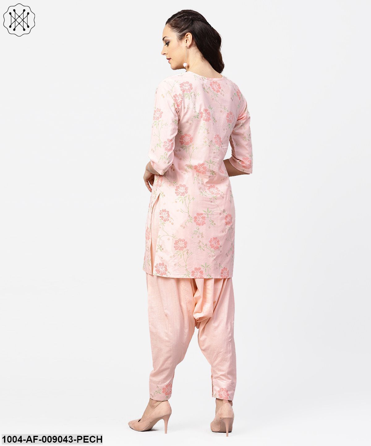 Peach Printed 3/4Th Sleeve Pleated Kurti With Ankle Length Block Printed Salwar