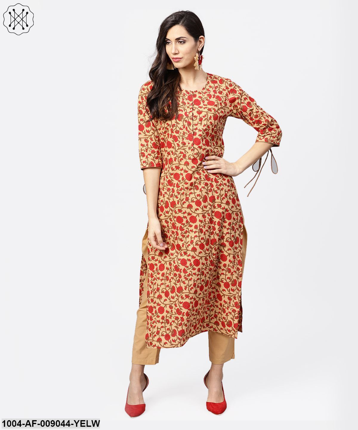 Yellow Printed 3/4Th Sleeve Cotton Anarkali Kurta With Ankle Length Palazzo
