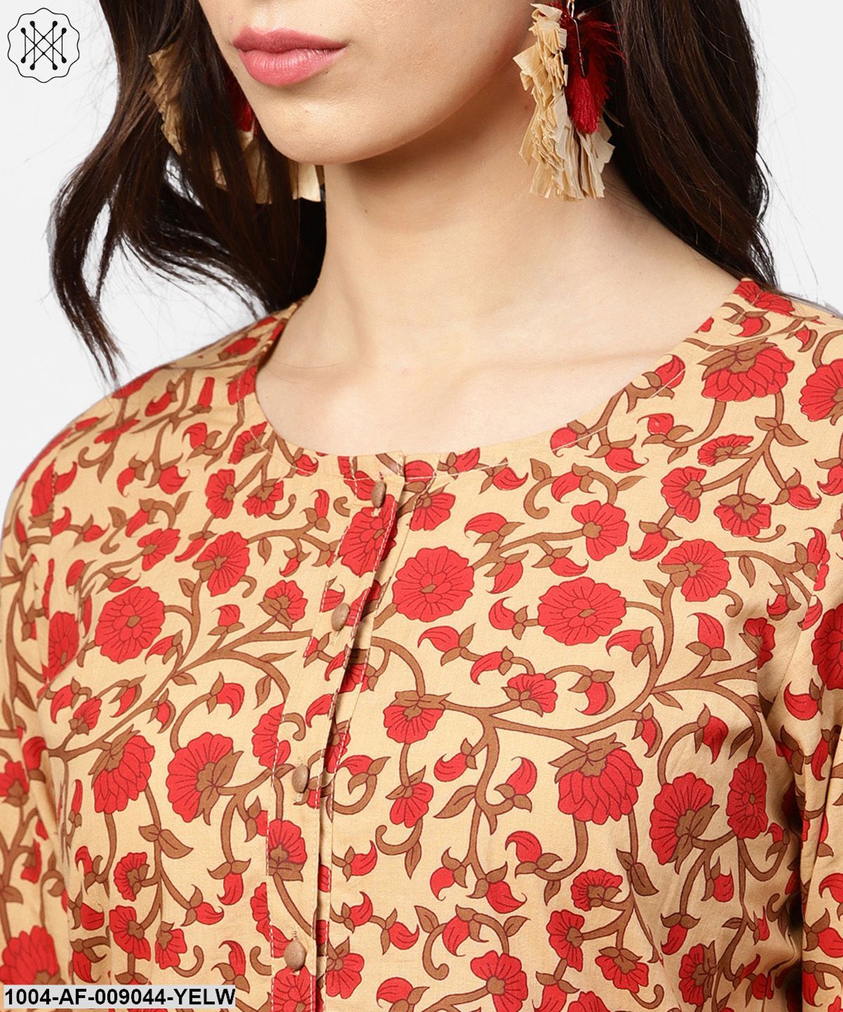 Yellow Printed 3/4Th Sleeve Cotton Anarkali Kurta With Ankle Length Palazzo