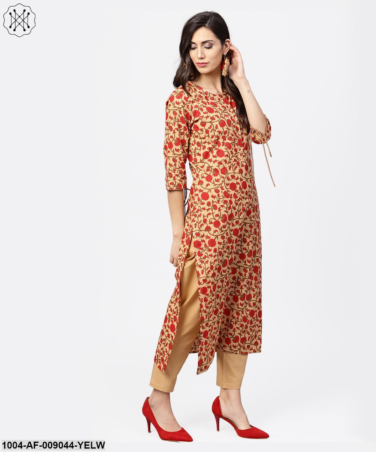 Yellow Printed 3/4Th Sleeve Cotton Anarkali Kurta With Ankle Length Palazzo