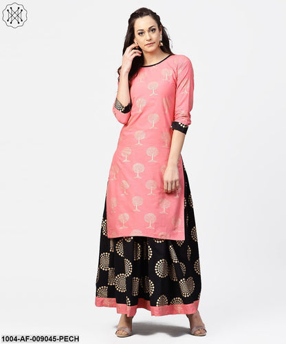 Peach 3/4Th Sleeve Cotton Printed Kurta With Black Printed Ankle Length Skirt
