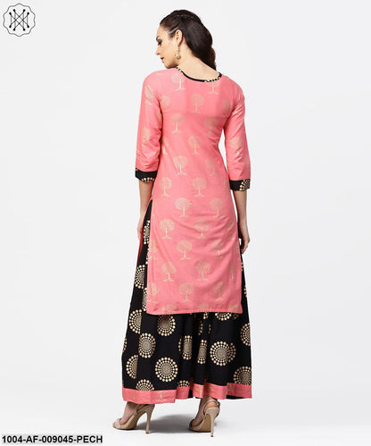 Peach 3/4Th Sleeve Cotton Printed Kurta With Black Printed Ankle Length Skirt