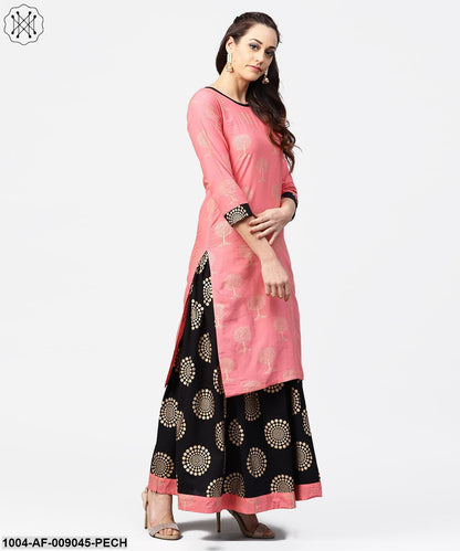 Peach 3/4Th Sleeve Cotton Printed Kurta With Black Printed Ankle Length Skirt