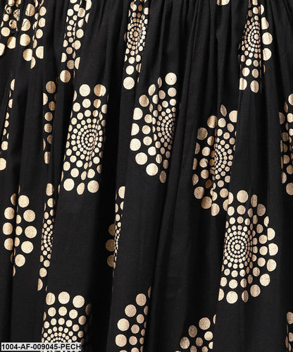 Peach 3/4Th Sleeve Cotton Printed Kurta With Black Printed Ankle Length Skirt
