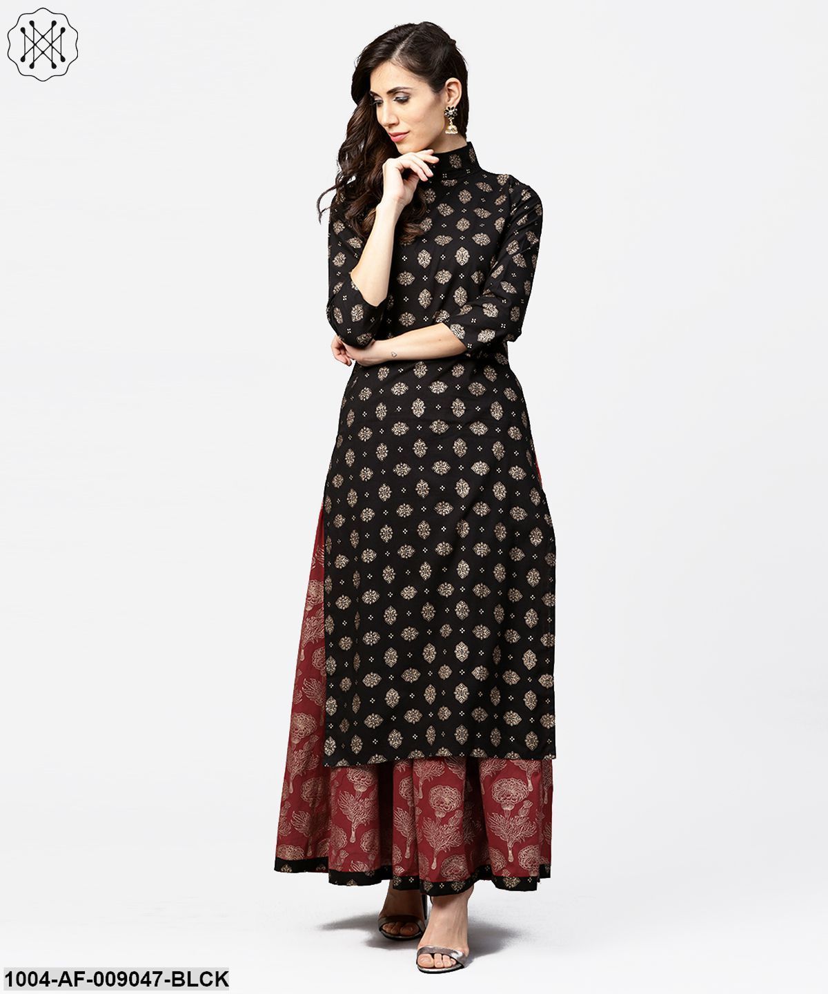 Black Printed 3/4Th Sleeve Cotton Kurta With Red Printed Flared Skirt