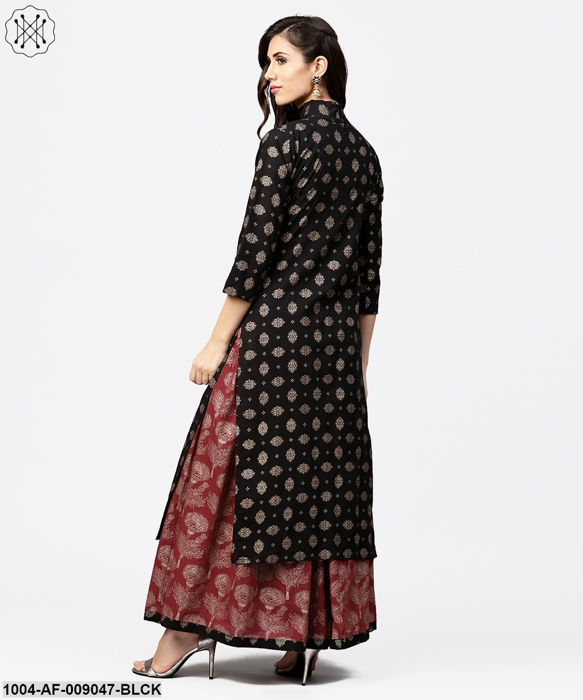 Black Printed 3/4Th Sleeve Cotton Kurta With Red Printed Flared Skirt